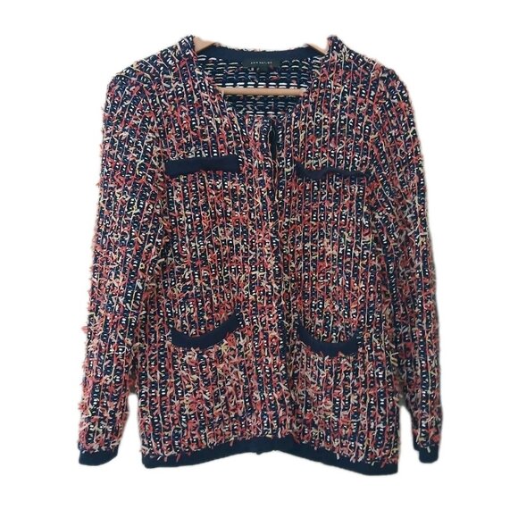 Ann Taylor Fuzzy Tweed Knit Cardigan Jacket Size Medium Blue Pink Academia - Picture 1 of 11